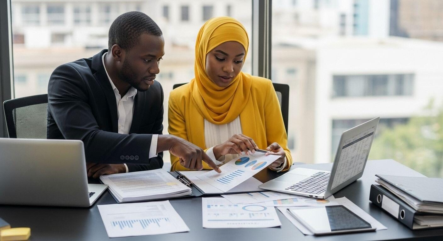 IFC consultants reviewing financial charts and reports with a client