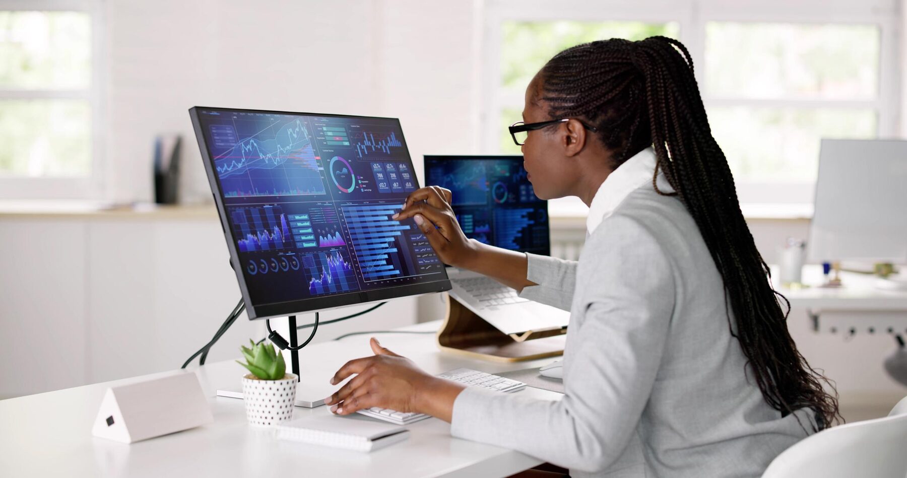 Multi-panel analytics dashboard used in sector reviews