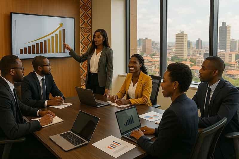 IFC consultant presenting financial growth data to a client team