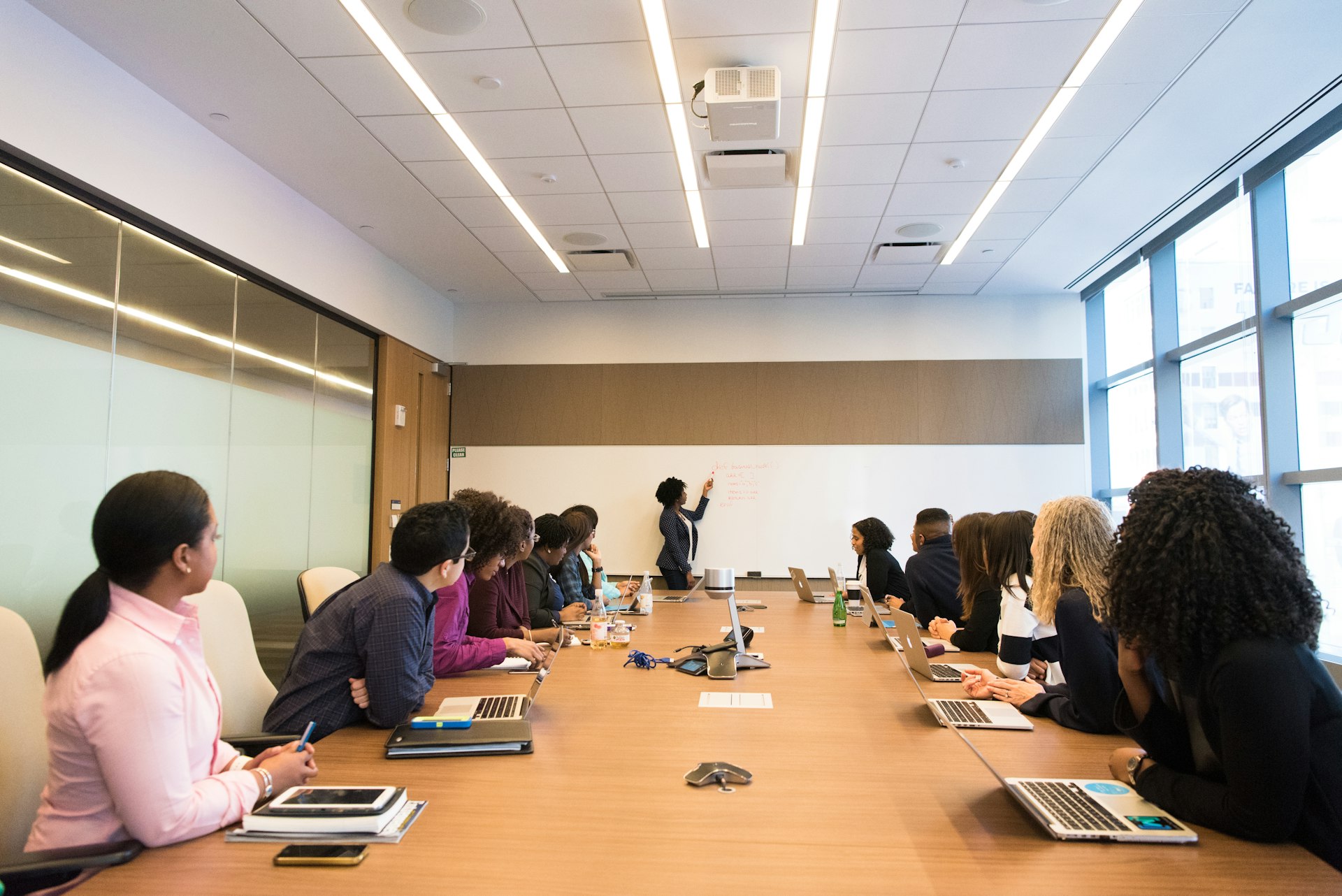 Leadership team presenting to a full boardroom